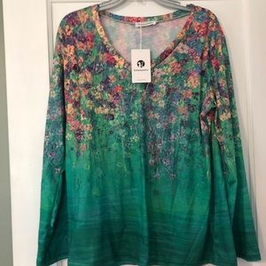Estampodos green abstract V-neck long sleeve shirt. XXL